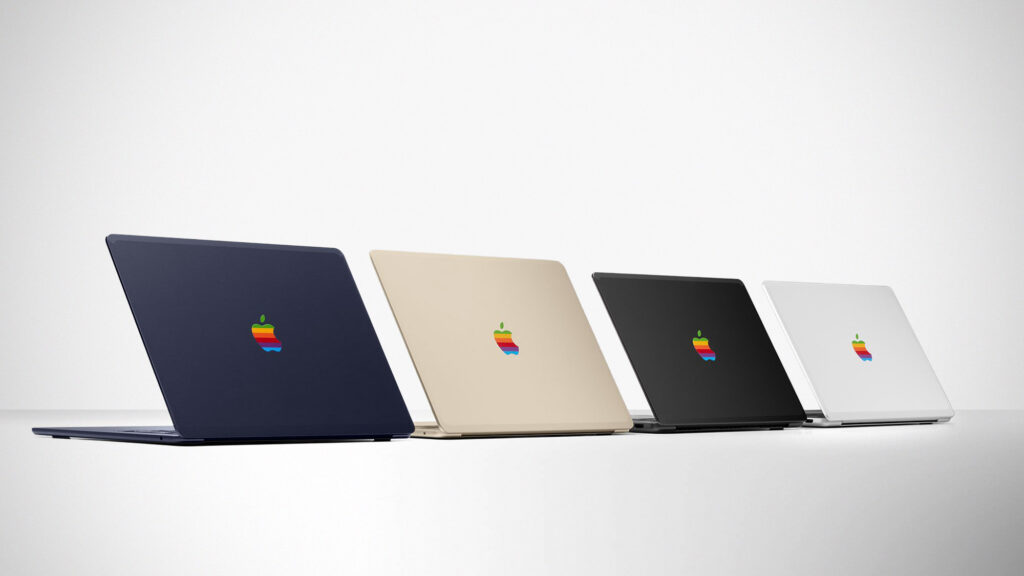 MacBook with dbrand 1984 Retro Skin featuring classic rainbow Apple computer design
