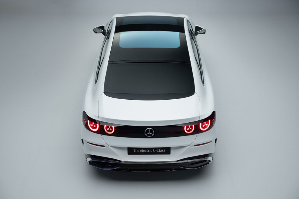 All-new Mercedes-Benz C-Class EV with EQ Technology exterior rear angled view from top