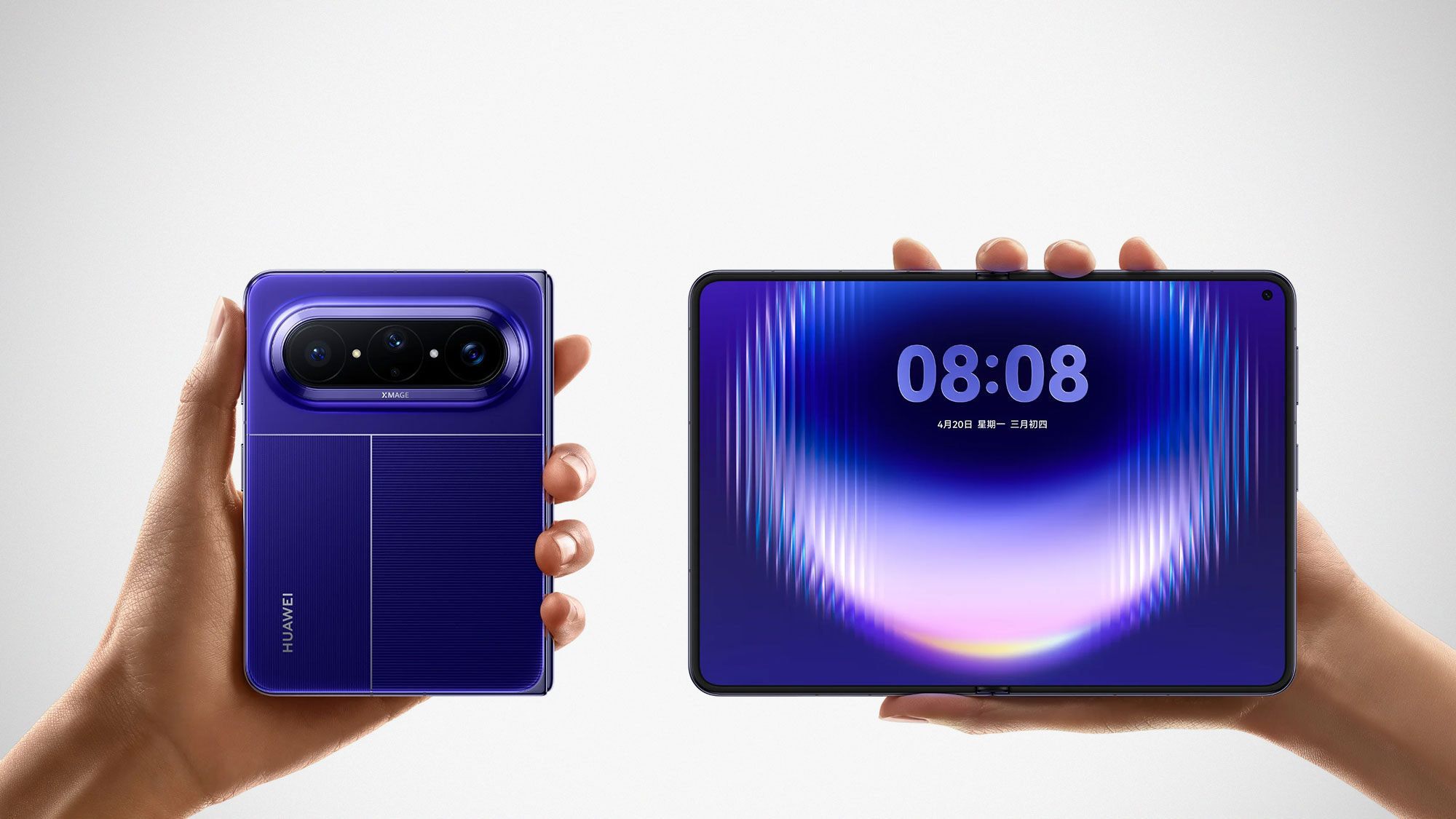 Huawei Pura X Max wide foldable smartphone unfolded showing large square inner display