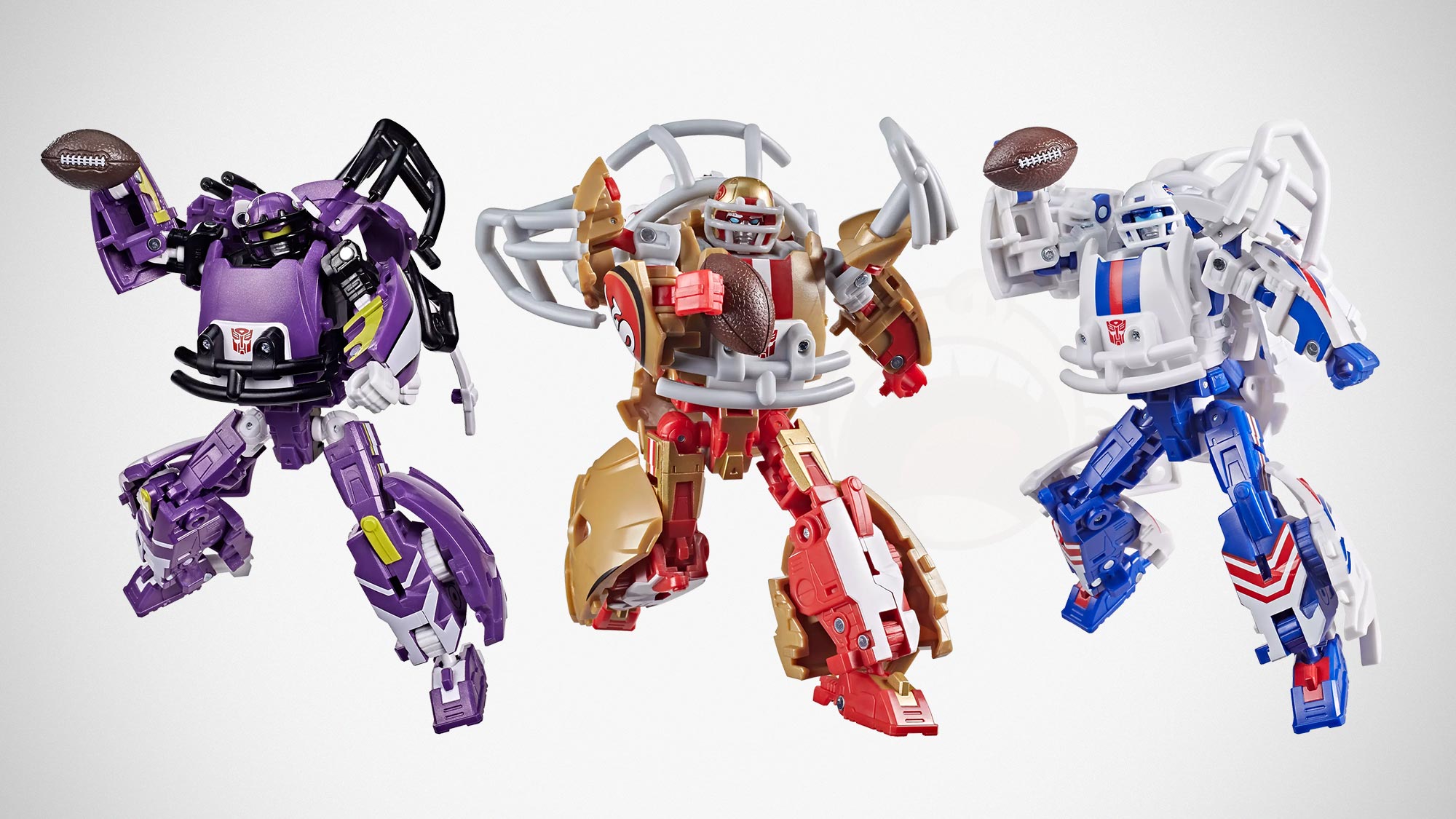 Transformers NFL Minnesota Vikings Skolgrin Buffalo Bills Blizz-herd San Francisco 49ers Goldrush helmet robot figures