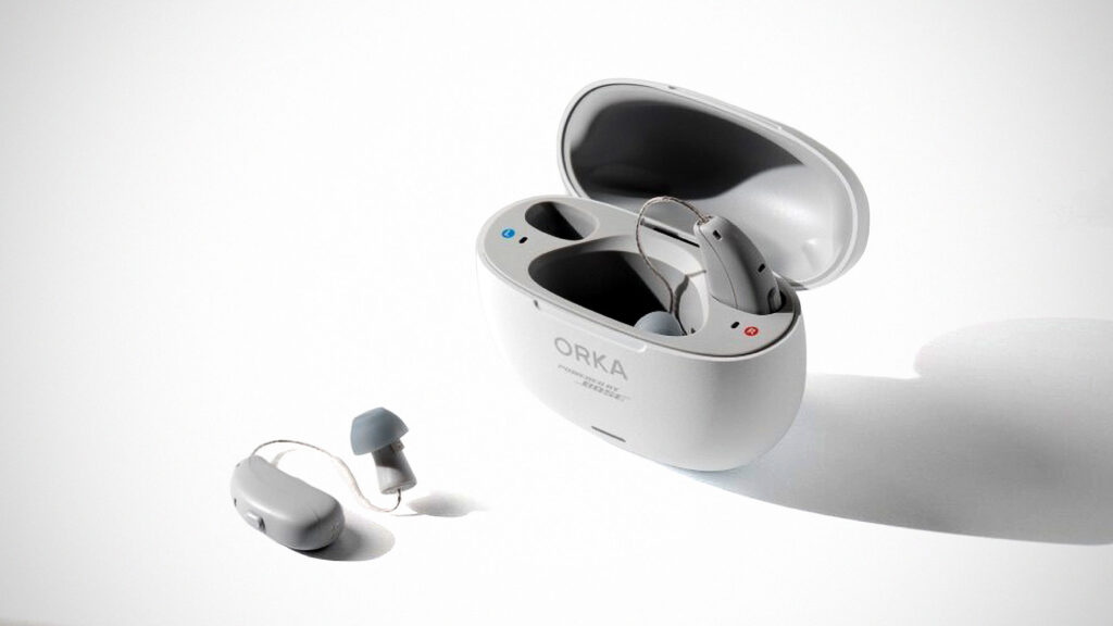 Orka O1 Pro hearing aid with Bose QuietControl ANC technology and wireless charging case