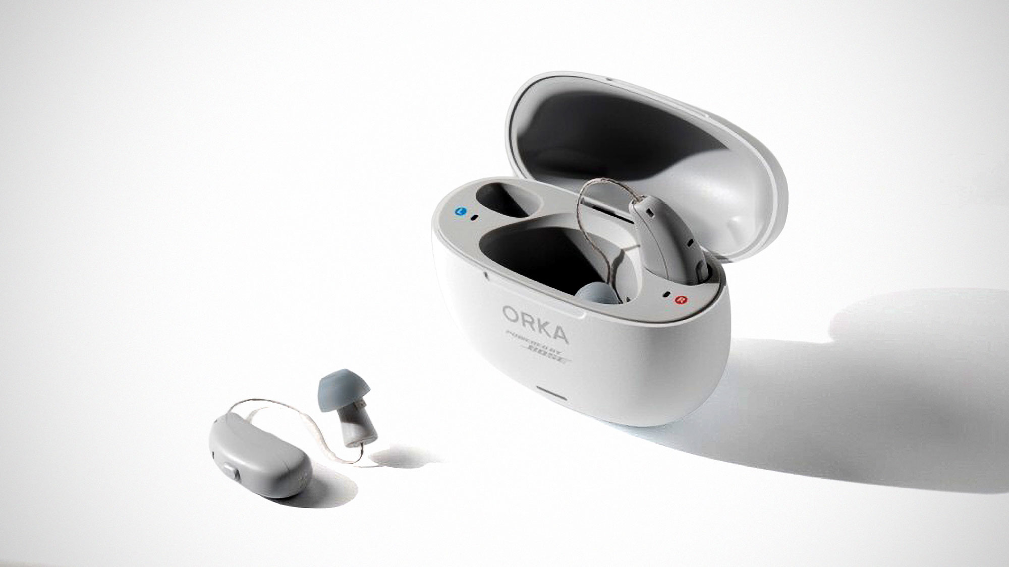 Orka O1 Pro hearing aid with Bose QuietControl ANC technology and wireless charging case