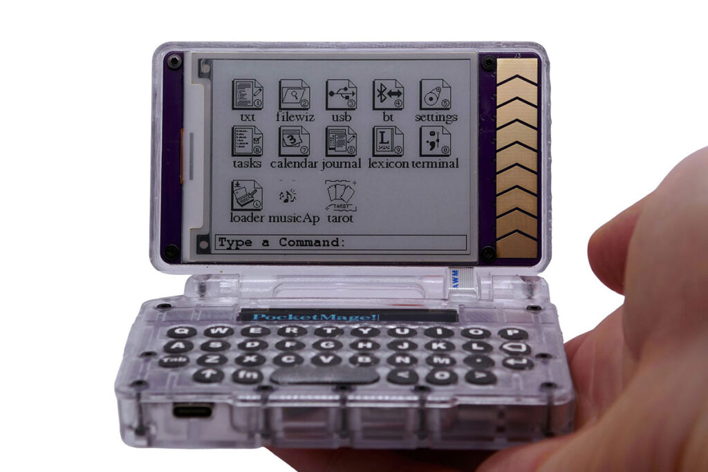 PocketMage e-paper personal digital assistant with physical keyboard and transparent case