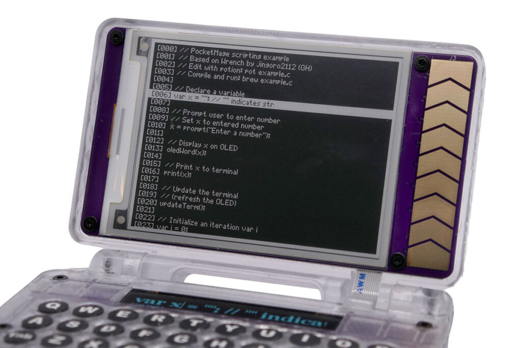 PocketMage e-paper personal digital assistant with physical keyboard and transparent case
