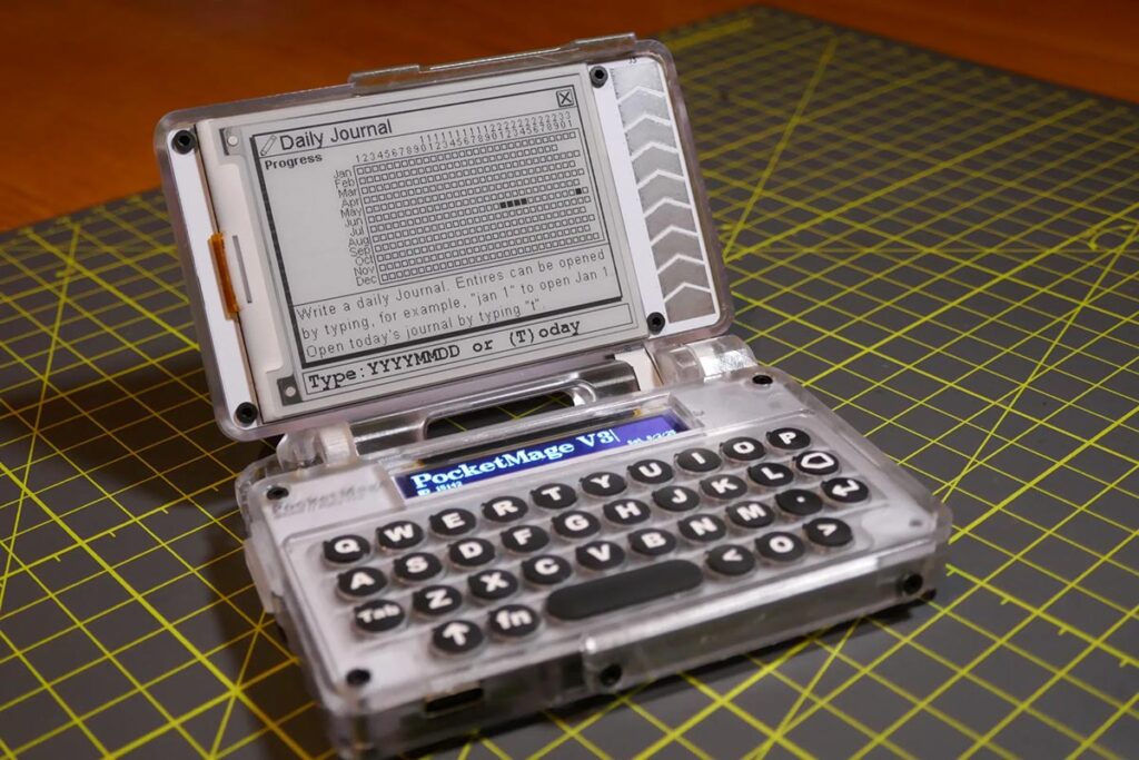 PocketMage e-paper personal digital assistant with physical keyboard and transparent case