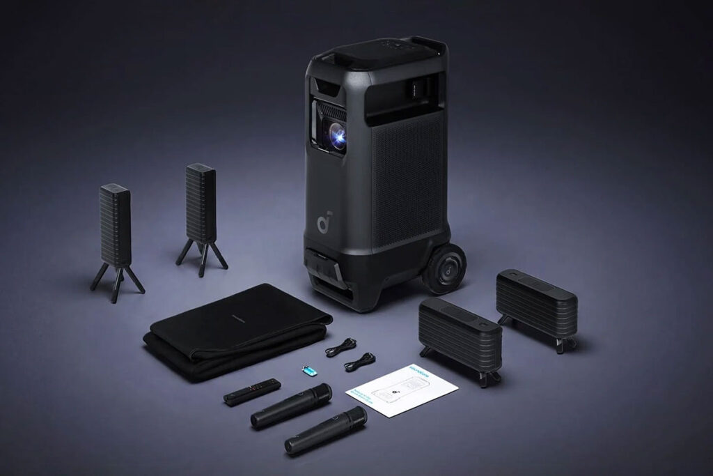 Soundcore Nebula X1 Pro 4K mobile theater station projector with deployable 7.1.4 Atmos speakers and wheels