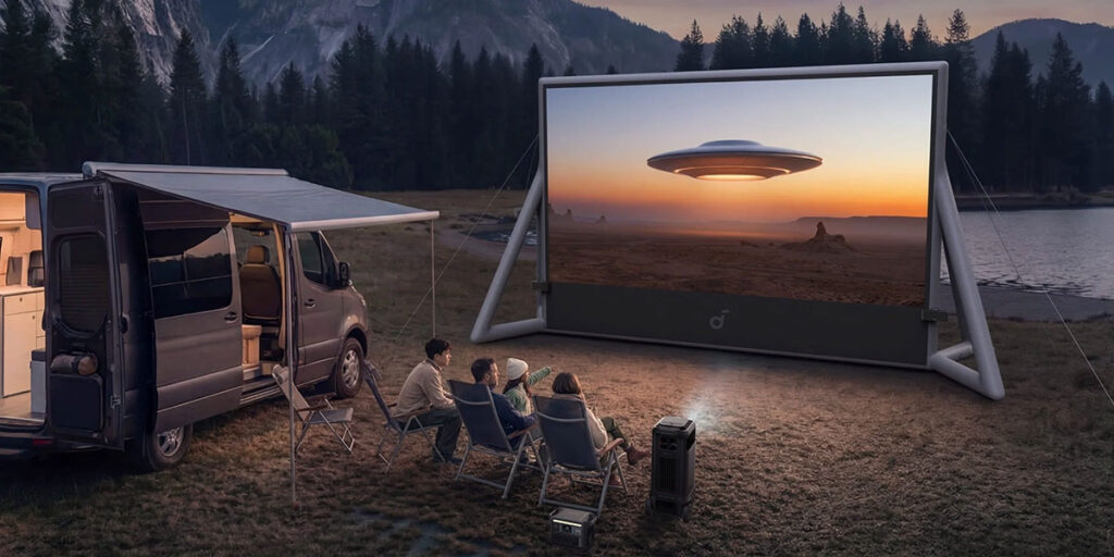 Soundcore Nebula X1 Pro 4K mobile theater station projector with deployable 7.1.4 Atmos speakers and wheels