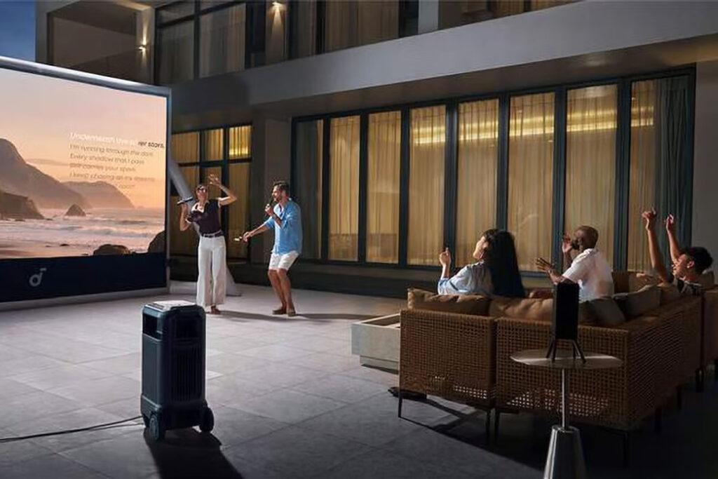 Soundcore Nebula X1 Pro 4K mobile theater station projector with deployable 7.1.4 Atmos speakers and wheels
