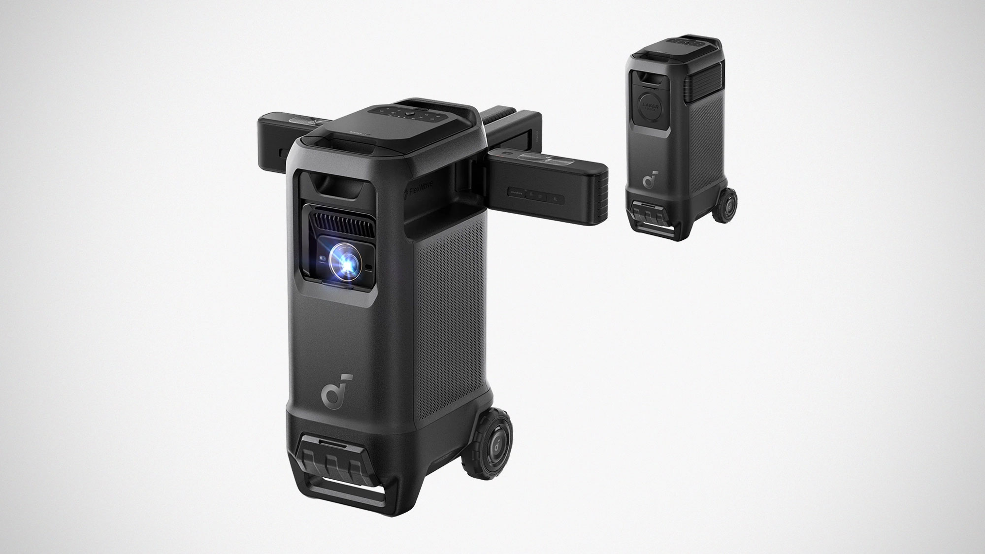 Soundcore Nebula X1 Pro 4K mobile theater station projector with deployable 7.1.4 Atmos speakers and wheels