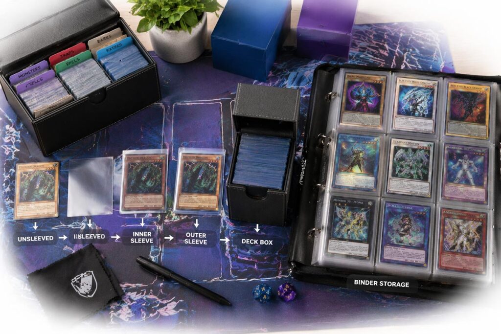 Trading card collector gear including sleeves deck box binder playmat and toploader arranged on a clean tabletop