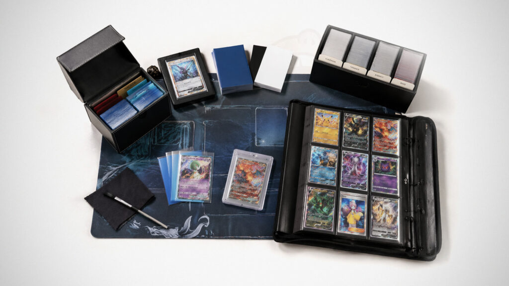 Trading card collector gear including sleeves deck box binder playmat and toploader arranged on a clean tabletop