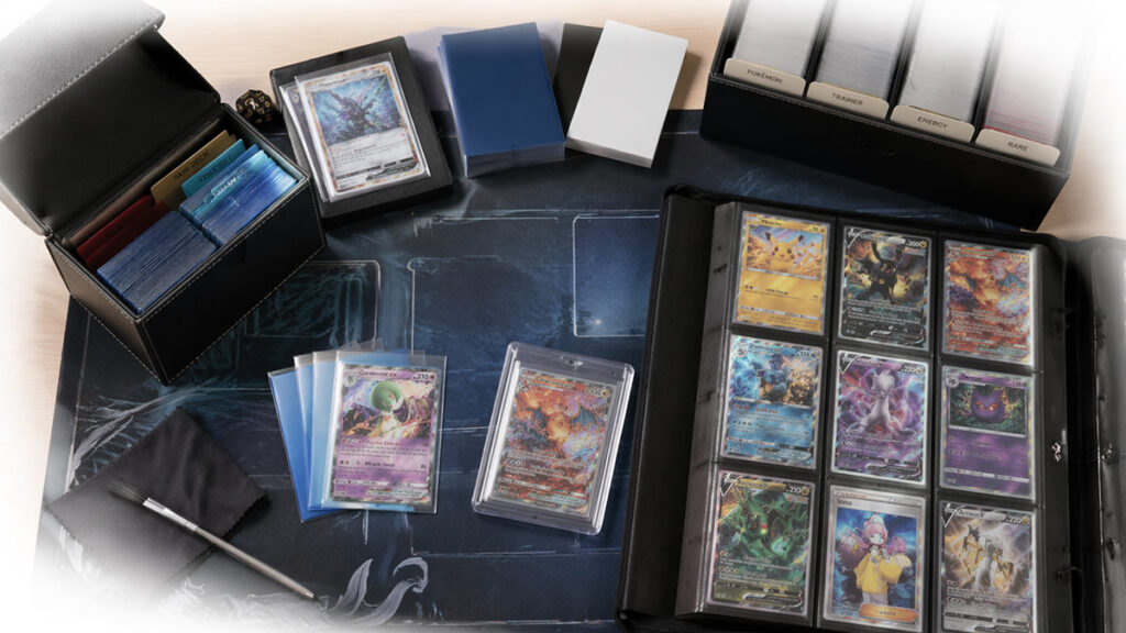 Trading card collector gear including sleeves deck box binder playmat and toploader arranged on a clean tabletop