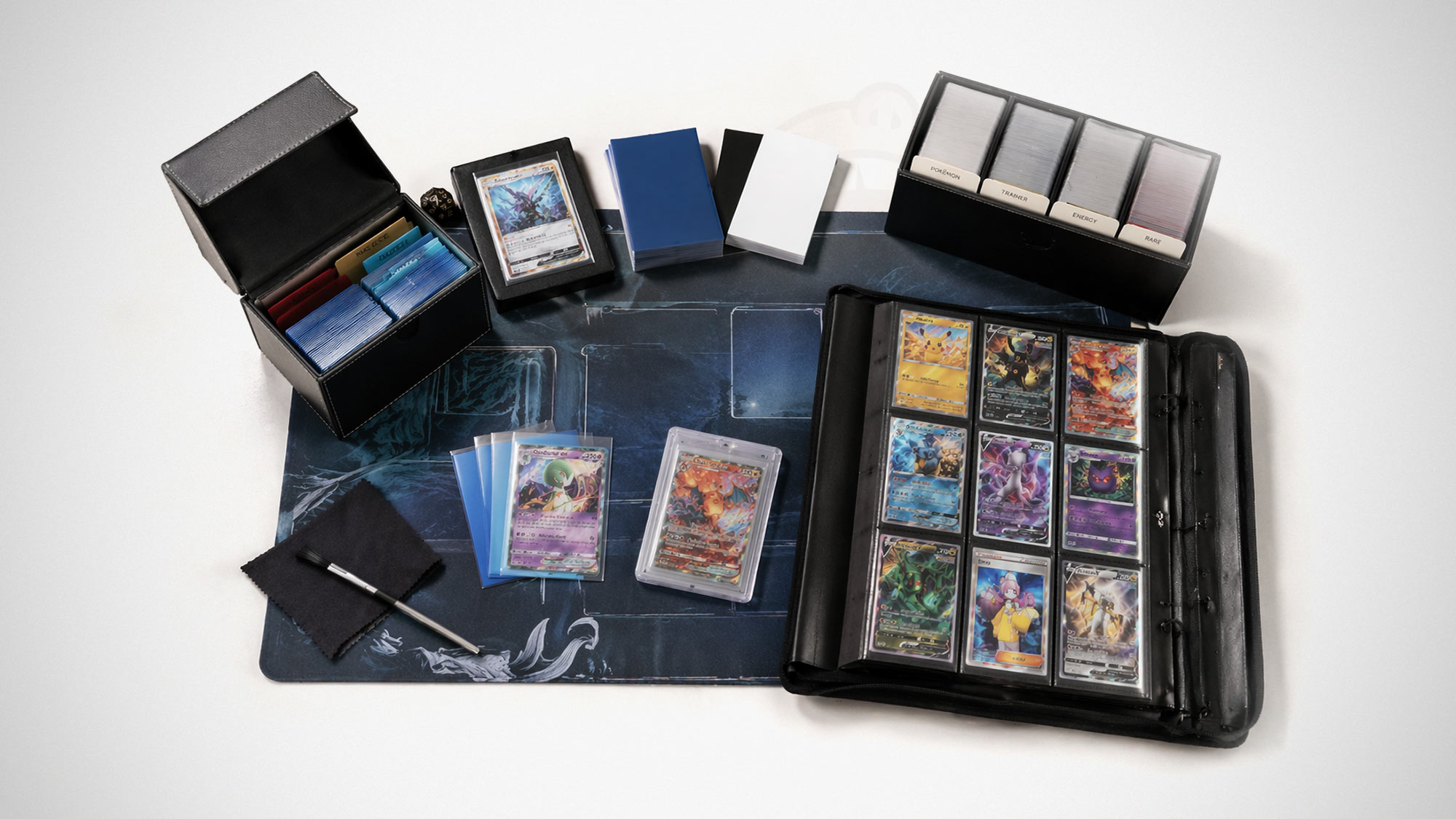 Trading card collector gear including sleeves deck box binder playmat and toploader arranged on a clean tabletop