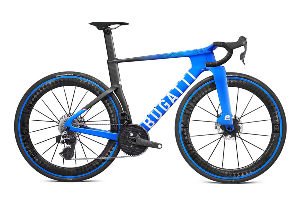 Bugatti Factor ONE carbon performance bicycle with aerodynamic frame and two-tone Bugatti design