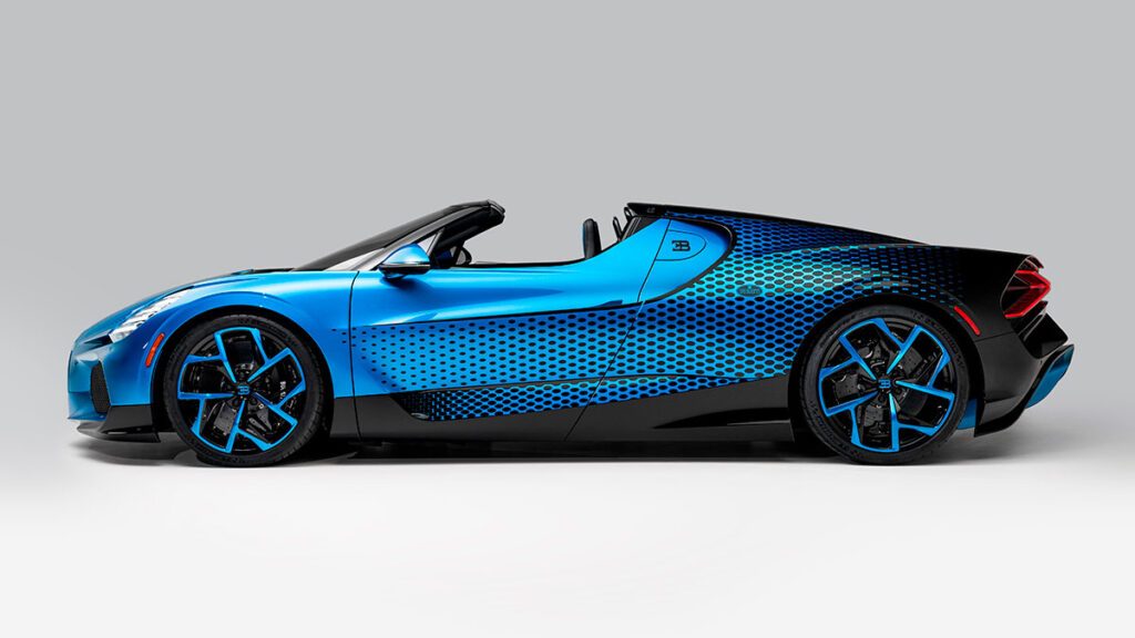 Bugatti W16 Mistral Fly Bug one-off hypercar with dragonfly-inspired blue finish and Sur Mesure detailing