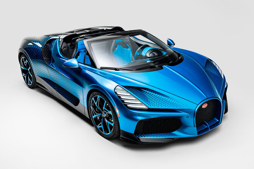 Bugatti W16 Mistral Fly Bug one-off hypercar with dragonfly-inspired blue finish and Sur Mesure detailing