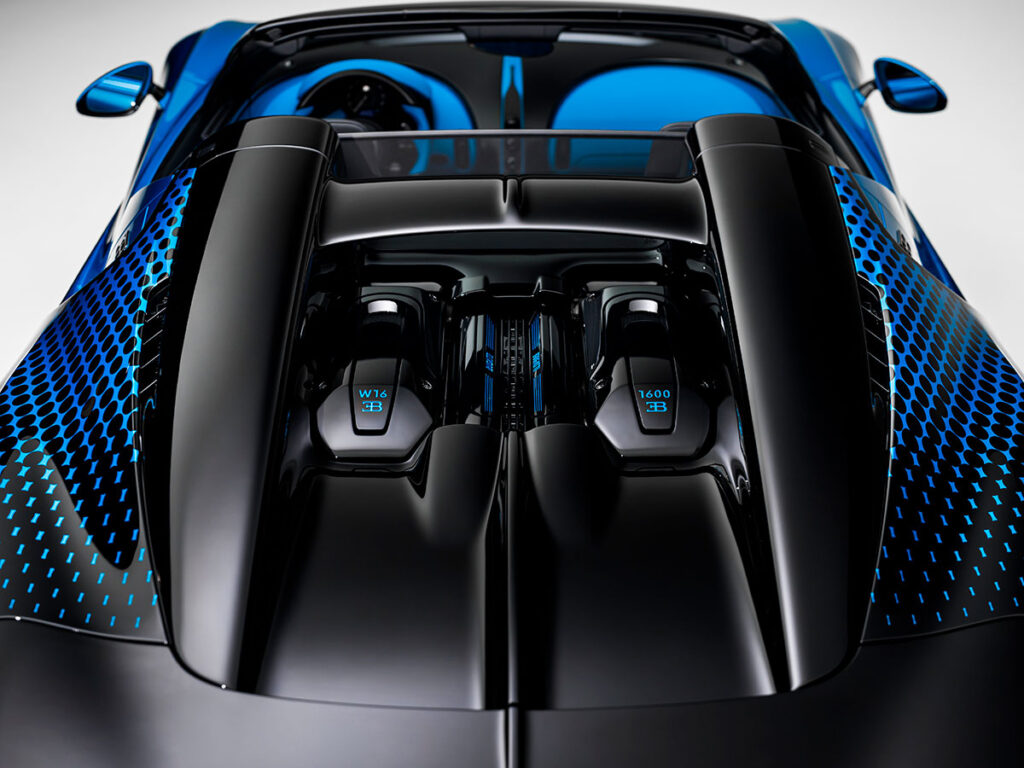 Bugatti W16 Mistral Fly Bug one-off hypercar with dragonfly-inspired blue finish and Sur Mesure detailing