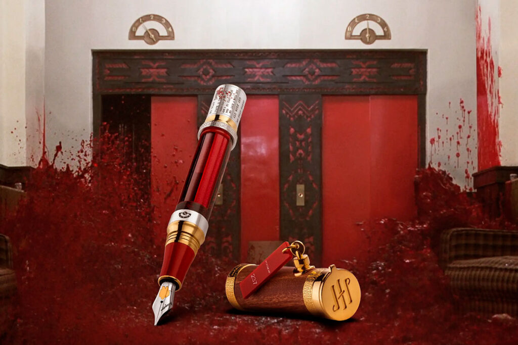 Montegrappa The Shining Limited Edition pen with sterling silver body and red ink reservoir inspired by Kubrick film