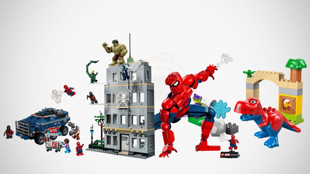 LEGO Spider-Man Brand New Day building sets including Spider-Man Hero Figure 76346 Prison Transport Chase 76349 Hulk Epic Clash 76350 and DUPLO Spider-Rex 10463