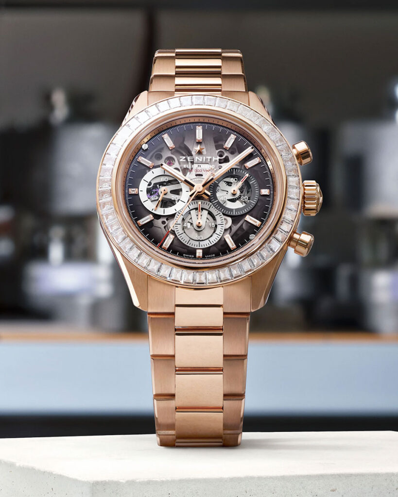 ZENITH Chronomaster Sport Skeleton 18-carat Gold with Baguette Cut Diamond Bezel on Bracelet