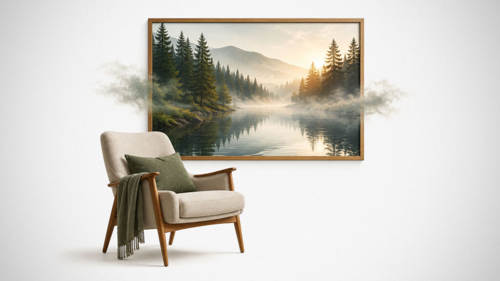 Framed nature landscape artwork and lounge chair on a white background illustrating how nature-themed wall art can create a calming home environment